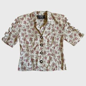 Vintage West 27th Street Floral Rayon Blouse M Cut-out-Sleeves Shoulder Pads USA